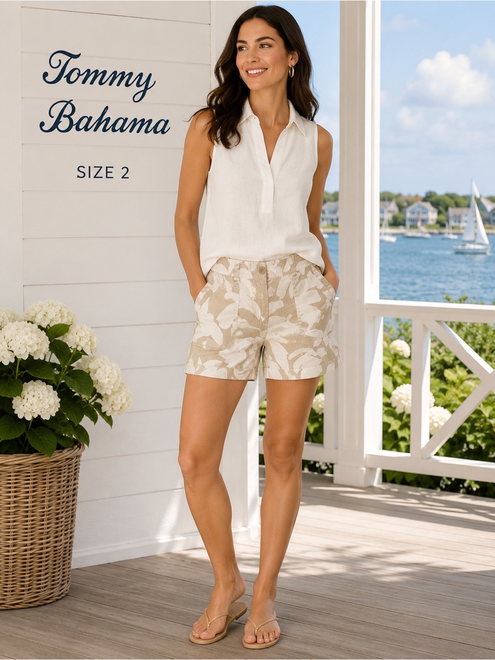 Tommy Bahama 100% Linen Palm Print Bermuda Shorts Beige White Size 2